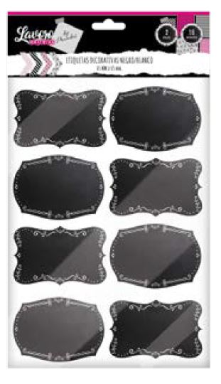 Foto Etiquetas decorativas negras con detalles blancos 16 unidades, 65mmx45mm