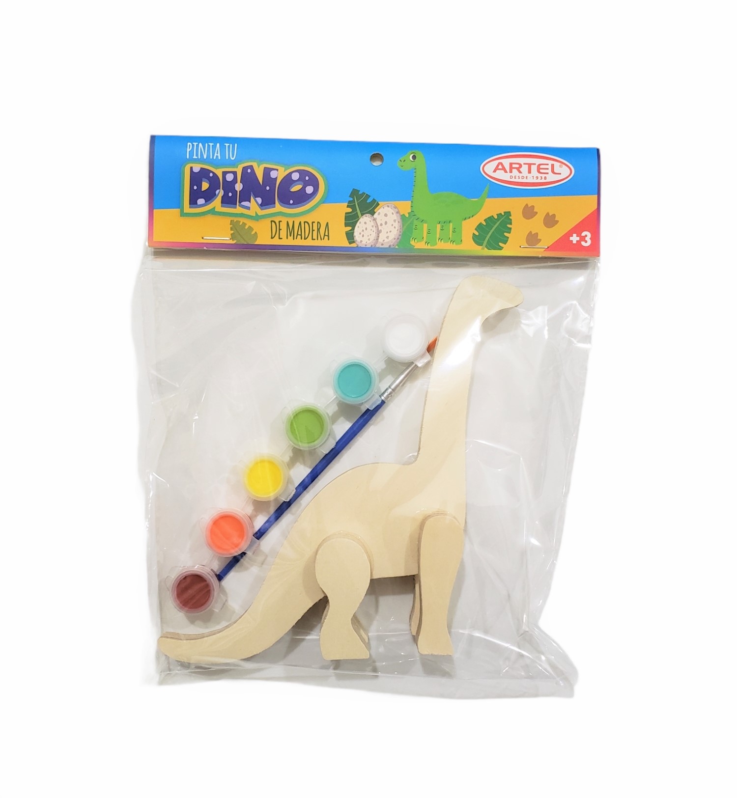 Foto Pack Pintar Figura 3D de madera Dinosaurio más 6 témperas 