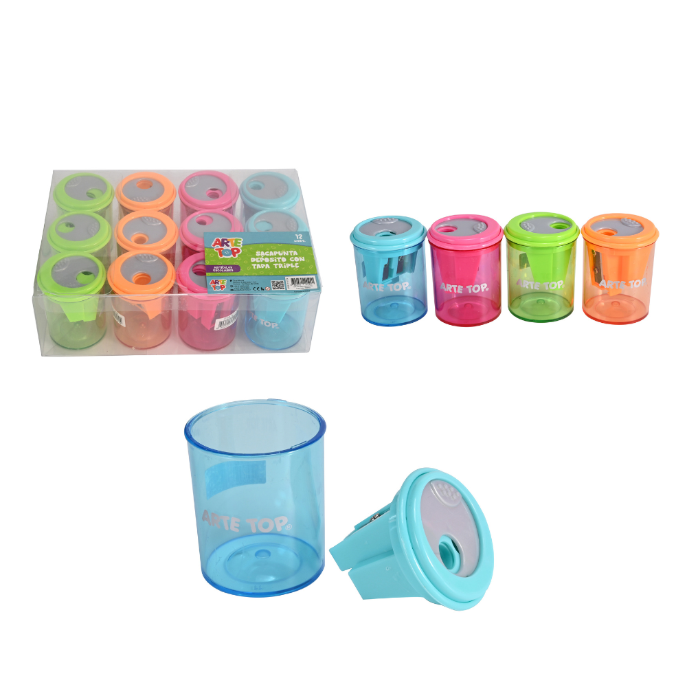 Foto Sacapunta triple con depósito y tapa