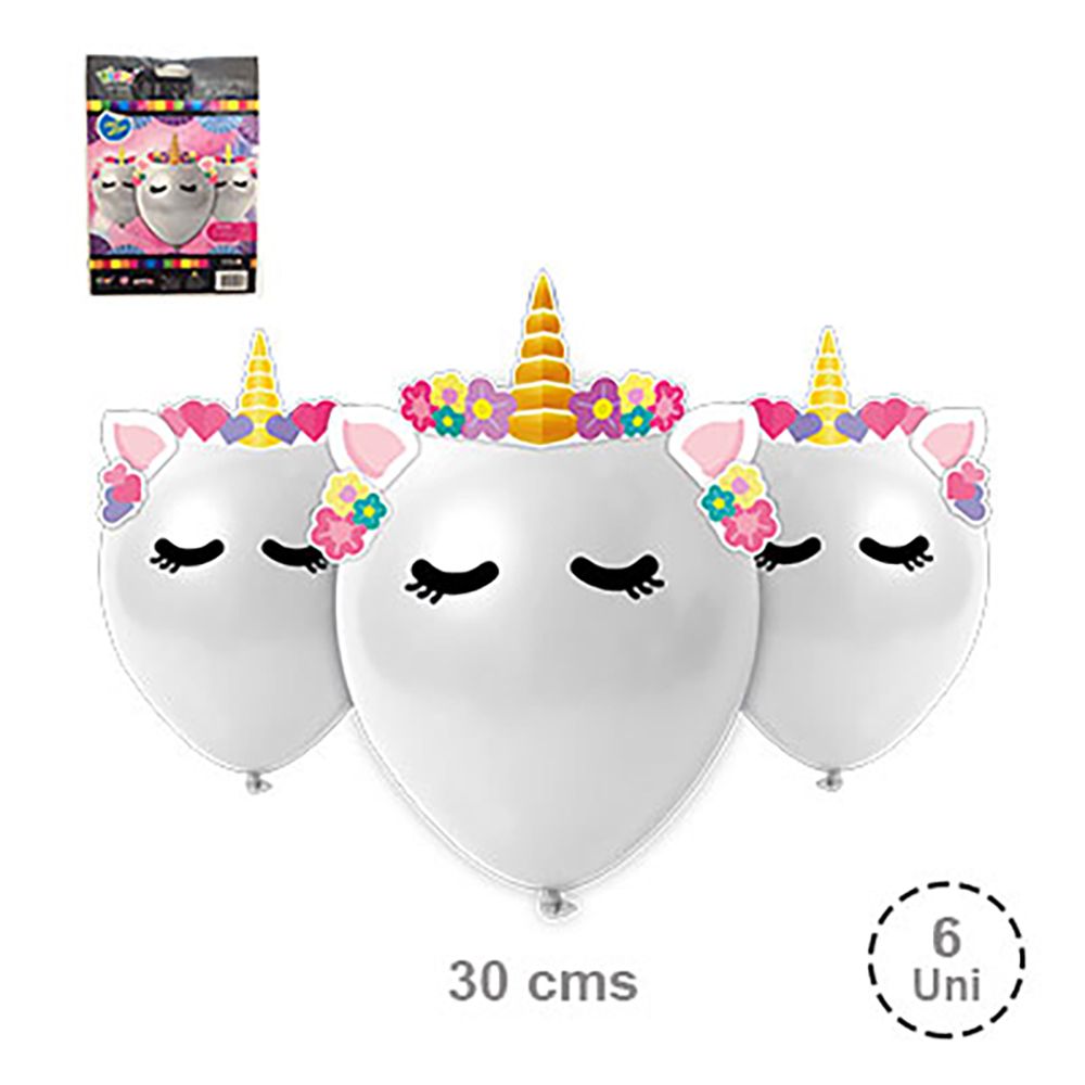 Foto Set 6 globos lisos Diseño Unicornio con Adhesivos